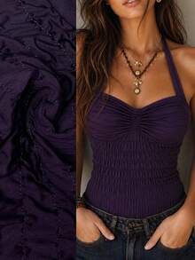Solivie Top ajustado de cuello halter con pliegues de unicolor versátil para uso diario y salidas de mujer - Morado - Ver 8