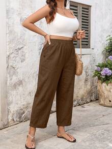 EMERY ROSE Plus Size Women's Casual Pure Cotton Solid Color Long Pants With Pockets And Button Closure - Brown - View 4