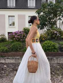 Selianne Hand-Crocheted Floral Summer Dress | Lined Flowy Dress, Open Back Tie Design, Perfect For Beach Vacation Street Style - Light Yellow - View 7