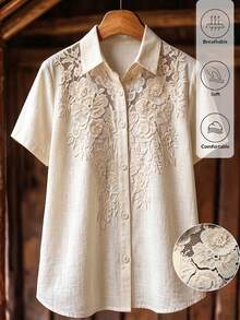 SHEIN LUNE Women's Spring/Summer Casual Faux Lace Print Solid Color Comfortable Versatile Commute Daily Wear Blouse - Apricot - View 3