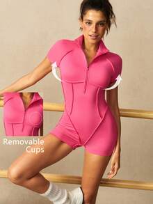 VARSIVA Women's Fashion Zipper Half-Placket Short Sleeve Casual Sports Romper - Pink - View 7