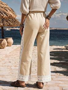 Balvessa Celana Jeans Wanita dengan Patchwork Renda Warna Kontras - Khaki - View 2