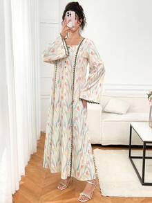 Yasmyna Women's Floral Pattern Flower Bud Trim Loose Fit Traditional Modest Elegant Arabic Long Tunic Formal White Winter Family Christening Guest - Multicolor - View 7