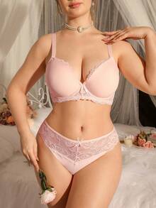 DelicateAllure Women's Underwire Lace Bra And Triangle Panty 2 Pieces Set, Plus Size Lingerie Set - Pink - View 3