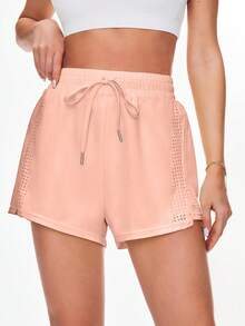 SHEIN Sovereign Charm 女款純色腰部綁帶休閒寬鬆運動短褲 - 赤褐色 - 查看 5