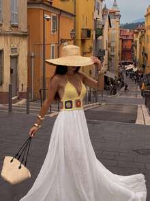 Selianne Hand-Crocheted Floral Summer Dress | Lined Flowy Dress, Open Back Tie Design, Perfect For Beach Vacation Street Style - Light Yellow - View 6