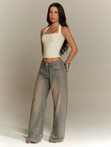 Denimoi Women's Fashion Washed Rhinestone Low Waist Jeans - Light Wash - View 5