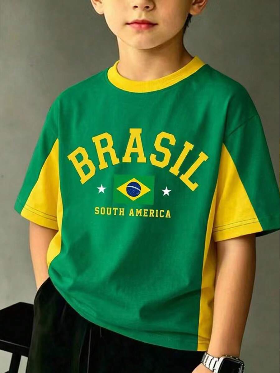 SHEIN [1件]青少年男孩 世界盃足球巴西風 黃綠配色 BRASIL 印花短袖T恤 休閒運動風 夏季/春秋款 - 彩色 - 查看 1
