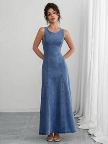 Elenzga Women's Hollow Out Lace-Up Sleeveless Long Denim Dress - Blue - View 3