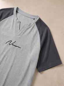 SHEIN طقم ملابس منزلية رجالي بسيط للربيع/الصيف من نسيج وافل محبوك بأكمام راجلان باللون الرمادي مع طباعة حروف بألوان متباينة - رمادي - مشاهدة 3