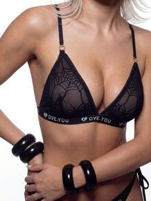 AltBold Bra Wanita Seksi dengan Tali Bahu Tipis dan Motif Huruf, Berenda, untuk Penggunaan Sehari-hari - Hitam - View 2