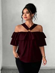 Elenzga Blusa elegante de talla grande con hombros descubiertos, decoración de anillo de metal, ribete de volantes y cuello cuadrado - Burdeos - Ver 5