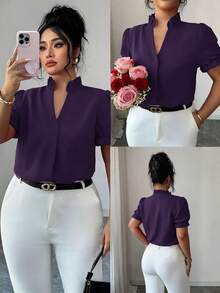 Elenzga Plus Size Elegant Commuter Solid Color Lapel Blouse - Purple - View 1