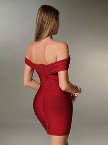 Nuvra Sexy & Elegant Off Shoulder Red Metal Decor Bodycon Mini Dress - Burgundy - View 2