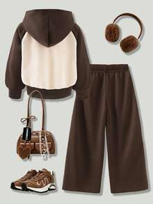 SHEIN Elladie kids 2pcs/Set Girls Colorblock Raglan Hooded Zip-Up Jacket And Wide Leg Sweatpants Beige Brown Bow Graphic Fall Clothes Back To School Clothes Girls - Khaki - View 3