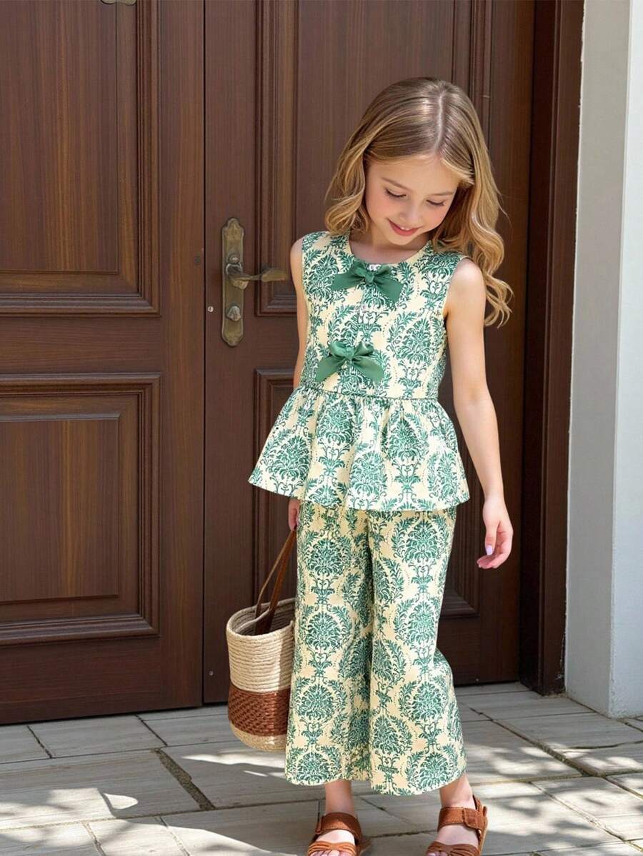 SHEIN Vintaside Kids 女童两件套复古碎花套装:绿色蝴蝶结装饰无袖上衣 + 同色系阔腿裤,甜美可爱,适合日常穿着,夏季必备 - 綠色 - 查看 1