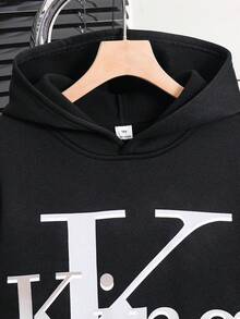 SHEIN 兒童 2 件組大童男孩休閒字母圖案簡約長袖連帽衛衣套裝，適合秋冬日常穿著、運動、外出、學校、派對、節慶、拍照 - 黑色 - 查看 8