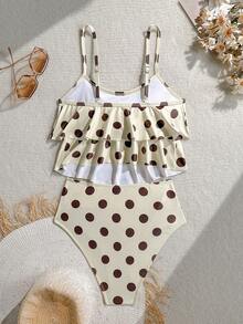 Elavelle Retro Polka Dot Ruffle One-Piece Swimsuit, Cream & Coffee Color, Tummy Control, Conservative Bathing - Multicolor - View 2