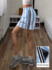 Aidyla 時尚休閒女款彈性腰字母印花條紋短褲 - 彩色 - 查看 3