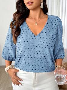 Weeklong Women's Plus Size V-Neck Mid-Length Sleeve Pom Pom Comfortable Fabric Casual Daily Travel Vacation Blouse - Baby Blue - View 7