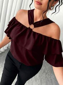 Elenzga Blusa elegante de talla grande con hombros descubiertos, decoración de anillo de metal, ribete de volantes y cuello cuadrado - Burdeos - Ver 4