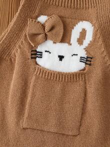 SHEIN Vintaside Kids 女嬰針織連身衣 春/秋款 卡通提花羅紋連身褲附吊帶，粉色可愛毛茸茸兔子設計，荷葉袖配荷葉邊袖口，嬰兒爬行服 - 卡其色 - 查看 6