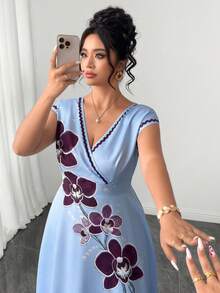 SHEIN Clasi Women's Plus Size Light Blue 3D Floral Pearl Print Woven Fabric Cross V-Neck Short Sleeve Cinched Waist A-Line Midi Dress, Elegant Casual Summer - Multicolor - View 8