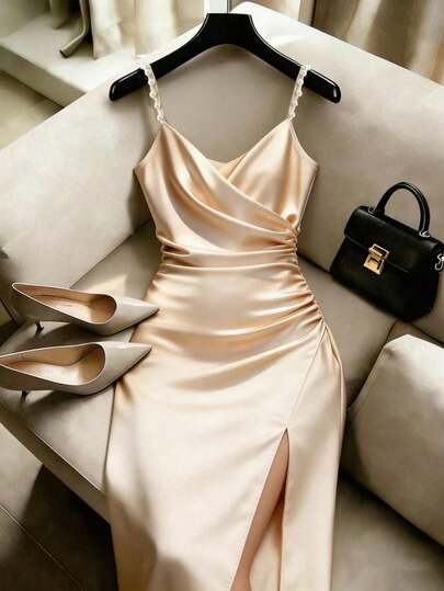 GlowEve CURVE Women's Elegant Champagne Summer Curve Satin Dress, French Bodycon Cocktail Slit Beaded Spaghetti Strap Cross Neck Wedding Guest Bridesmaid