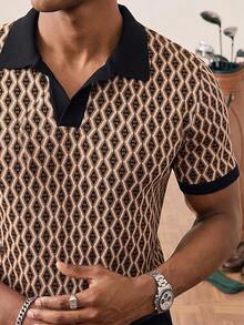 Tonviero Camicia polo da uomo casual e alla moda in tessuto jacquard con motivo geometrico, minimalista e di moda, adatta per uso quotidiano, per il marito, stile old money - Multicolore - Visualizzare 1