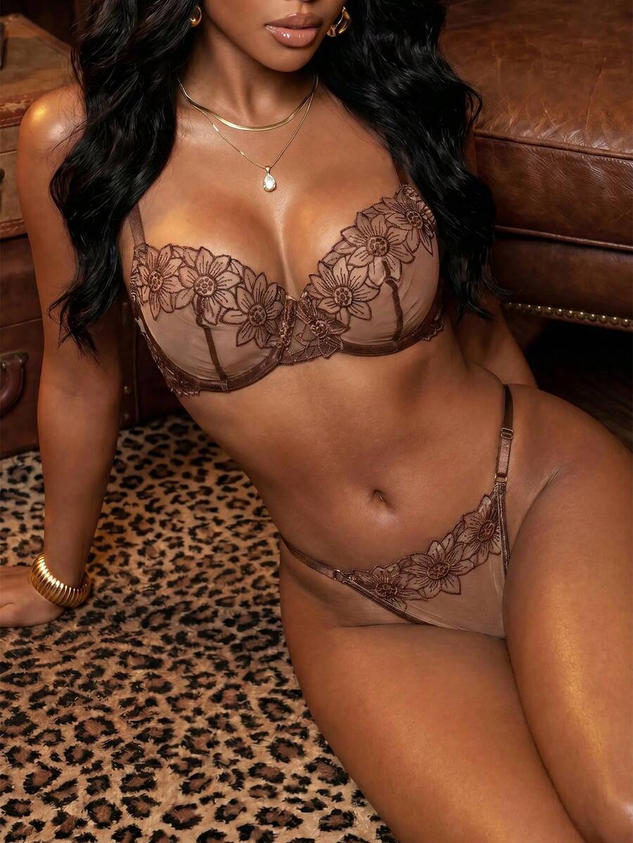 Bare Chapter French Style Romantic Embroidery Sexy Lingerie Set, Sophisticated 2 Pieces Set - Coffee Brown - View 1
