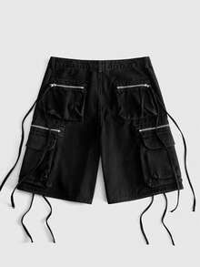 ROMWE MEN Pantalones cortos vaqueros de corte holgado para hombre con bolsillos con solapa - Negro - Ver 2