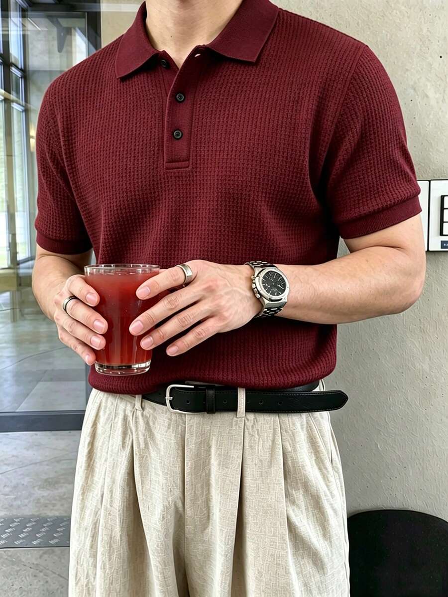 JOLTRO 男士夏季休閒純色短袖 Polo 衫 - 酒紅色 - 查看 1