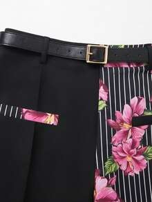 GlowEve CURVE Plus Size Women's Spring/Summer Minimalist Fashion Business Black & White Colorblock Straight Leg Pants With Belt - Multicolor - View 4