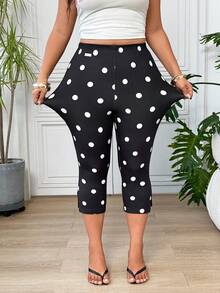 SHEIN EZwear 波點大尺碼女款法式風格彈性開衩七分褲 - 黑與白 - 查看 5
