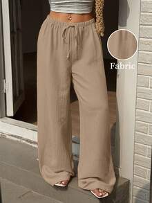 Breezaya Plus Size Women's Long Elastic Waist Casual Loose Solid Color Pants Suitable For Daily Commute Wear Suitable For Spring And Summer Versatile Pants - Khaki - View 3