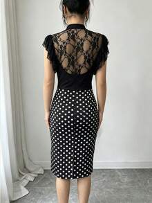 SHEIN Raffinéa 女款拼接蕾絲荷葉袖圓點印花修身優雅洋裝 - 黑色 - 查看 2