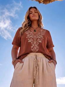 SHEIN LUNE CURVE Plus Size Floral Embroidered Casual Boho Vacation Shirt Vacation Red Summer - Orange - View 3
