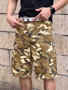 Manfinity Hypemode 迷彩水印工裝寬腿男士短褲，度假風 - 軍綠色 - 查看 6