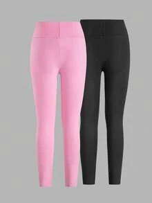 女童內搭褲 2 件組，簡約時尚黑粉配色愛心印花，長款舒適打底褲 - 彩色 - 查看 2