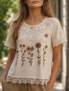 Elouméa Women's Spring/Summer Casual Faux Embroidery Print Contrast Lace Sleeveless Loose Fit Shirt, Suitable For Daily Wear And Home Lounging - Apricot - View 3