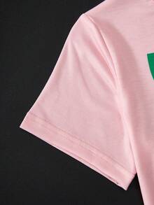 SHEIN Sparklyn Young Girls T-Shirt Set, Fresh And Eye-Catching Color Scheme, Light Pink Short Sleeve T-Shirt With Creative Lobster, Lemon And Letter Print, Full Of Fun; Paired With Green And White Vertical Striped Wide Leg Pants, The Top And Bottom Patterns Echo And Coordinate. Full Of Refreshing Summer Atmosphere. - Multicolor - View 3