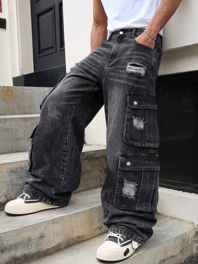 Manfinity EMRG Men's Grey Washed Loose Super Wide Leg Cargo Denim Jeans Multi-Pocket Work Casual Long Pants