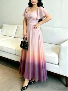 Modelyn Gaun Ukuran Besar Motif Gradien Ombre, Gaun Maxi Wanita Modis dengan Leher Persegi dan Lengan Bergelombang, Gaun Panjang Elegan dengan Pinggang Ramping untuk Musim Panas, Cocok untuk Liburan dan Pemakaian Sehari-hari - MultiWarna - View 5
