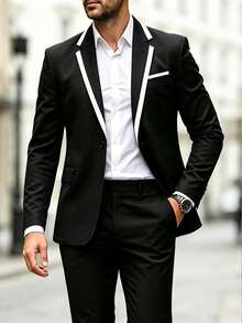 Manfinity Bizformal Men's Suit Blazer And Trousers Set, Spring/Summer Business Formal Contrast Collar Design, Ceremony - Black - View 5