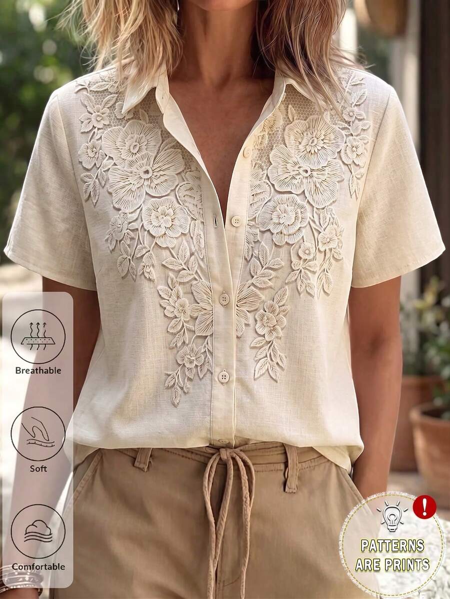 SHEIN LUNE Women's Spring/Summer Casual Faux Lace Print Solid Color Comfortable Versatile Commute Daily Wear Blouse - Apricot - View 1