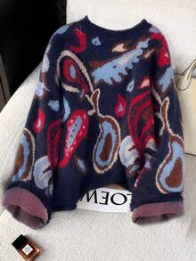 EMERY ROSE Plus-Size Fair Isle Knit Cardigan With Floral & Gemstone Pattern, Button-Front, Round Neck. Casual, - Blue - View 2