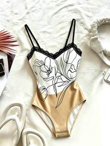 SHEIN Franclia Sexy Slim Fit Lace Patchwork Print Camisole Bodysuit, Summer Travel Beach Vacation Hot Girl Women's One-Piece Outfit, Home & Office Wear - Apricot - View 3