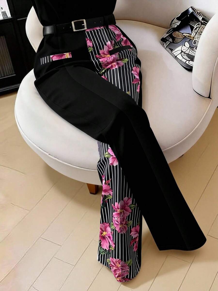 GlowEve CURVE Plus Size Women's Spring/Summer Minimalist Fashion Business Black & White Colorblock Straight Leg Pants With Belt - Multicolor - View 1