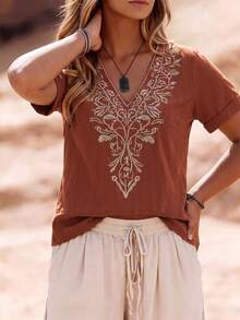 SHEIN LUNE CURVE Plus Size Floral Embroidered Casual Boho Vacation Shirt Vacation Red Summer - Orange - View 6
