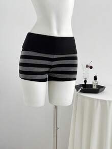 Elamini Women's Summer Vintage Sexy Casual Fashion Versatile Party Clubbing Daily Streetwear Black And White Striped Striped Fabric Patchwork Low Waist Shorts - Multicolor - View 4